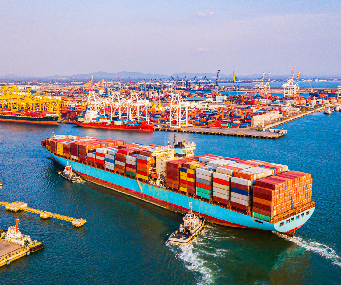 Container ship docking at a commercial port