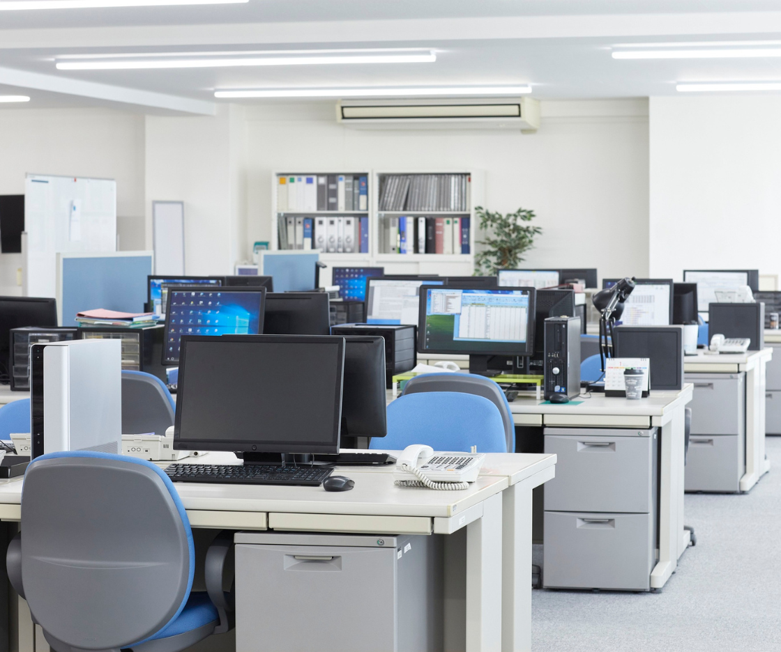 Office floor with furnished workstations and computers